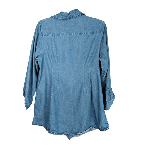 Soft Surroundings Shirt Womens M Blue Chambray Asymmetric Roll Tab - Picture 7 of 7